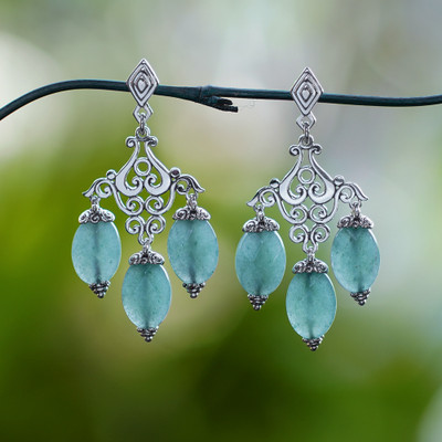 Chalcedony chandelier earrings, 'Harmonious Party' - Classic Checkerboard Chalcedony Stone Chandelier Earrings