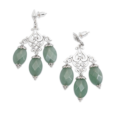 Chalcedony chandelier earrings, 'Harmonious Party' - Classic Checkerboard Chalcedony Stone Chandelier Earrings