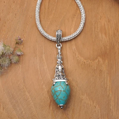 Reconstituted turquoise pendant necklace, 'Sacred Shrine' - Balinese Reconstituted Turquoise Silver Pendant Necklace
