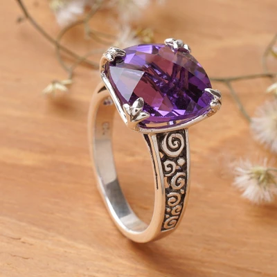 Amethyst solitaire ring, 'Buddha's Curl' - Polished and Oxidized 5-Carat Amethyst Prong Solitaire Ring