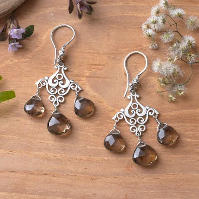 Smoky quartz chandelier earrings, 'Gala of Novelty' - Fan-Shaped Smoky Quartz Chandelier Earrings Crafted in Bali