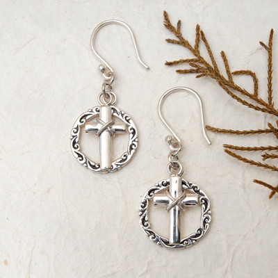 Sterling silver dangle earrings, 'Blooming Cross' - Sterling Silver Dangle Earrings with Cross on a Leafy Hoop