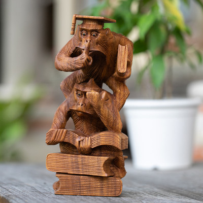 Wood sculpture, 'Lesson to Learn' - Whimsical Hand-Carved Wood Sculpture of Orangutans Studying