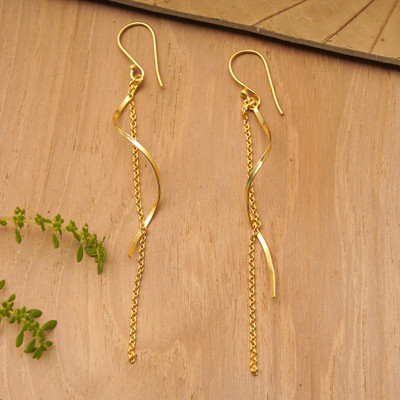 Gold-plated dangle earrings, ‘Radiant Water Flow' - Modern 18k Gold-Plated Statement Dangle Earrings from Bali