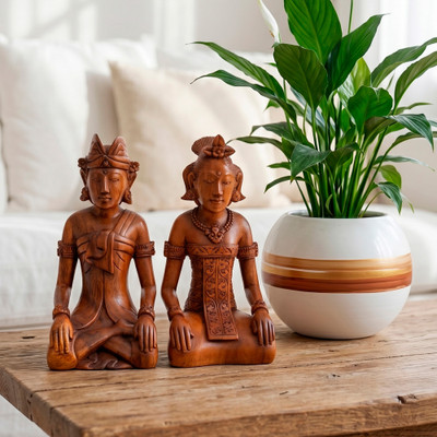 Wood sculptures, 'Harmonious Couple' (set of 2) - Traditional Balinese 2-Piece Suar Wood Couple Sculpture Set