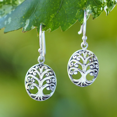 Sterling silver dangle earrings, 'Memory of Nature' - Tree of Life-Themed Oval Sterling Silver Dangle Earrings
