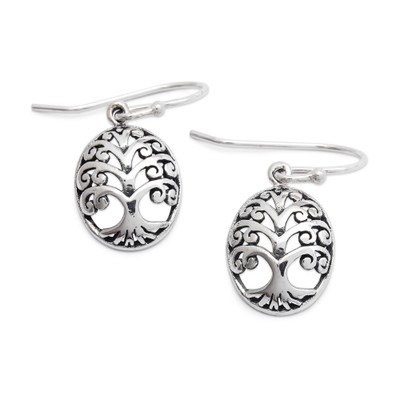 Sterling silver dangle earrings, 'Memory of Nature' - Tree of Life-Themed Oval Sterling Silver Dangle Earrings