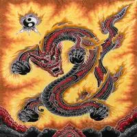 Batik cotton painting, 'Naga Agni' - Batik Cotton Painting of Balinese Dragon and Yin Yang Symbol