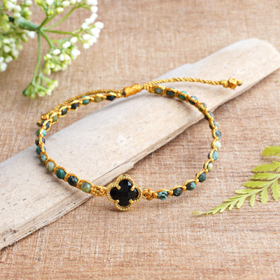 Beaded pendant bracelet, 'Flower of Arcadia' - Reconstituted Turquoise Bracelet with Black Flower Pendant