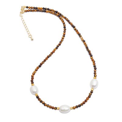 Gold-accented cultured pearl and tiger's eye station necklace, 'Three Marvels' - Gold-Accented Cultured Pearl Tiger's Eye Station Necklace
