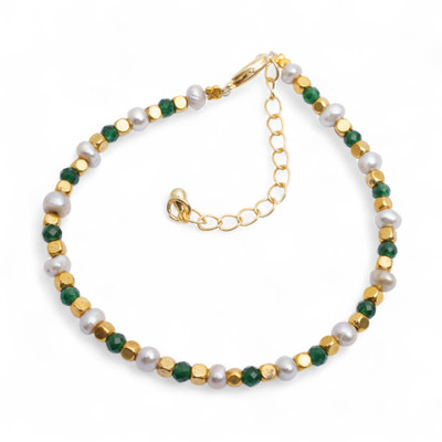 Gold-accented cultured pearl and spinel wristband bracelet, 'Green Fantasy' - Cultured Pearl and Spinel Bracelet with 18k Gold Accents