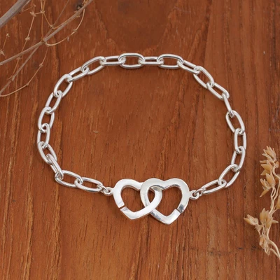 Sterling silver pendant bracelet, 'Bright Love' - Sterling Silver Pendant Bracelet with Double Heart Design