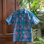 Men's hand-stamped batik cotton shirt, 'Jungle Dream' - Palm-Themed Cerulean and Guava Batik Cotton Shirt for Men