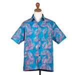 Men's hand-stamped batik cotton shirt, 'Jungle Dream' - Palm-Themed Cerulean and Guava Batik Cotton Shirt for Men