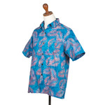Men's hand-stamped batik cotton shirt, 'Jungle Dream' - Palm-Themed Cerulean and Guava Batik Cotton Shirt for Men