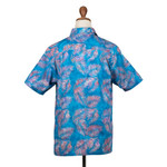 Men's hand-stamped batik cotton shirt, 'Jungle Dream' - Palm-Themed Cerulean and Guava Batik Cotton Shirt for Men