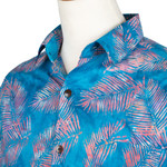 Men's hand-stamped batik cotton shirt, 'Jungle Dream' - Palm-Themed Cerulean and Guava Batik Cotton Shirt for Men