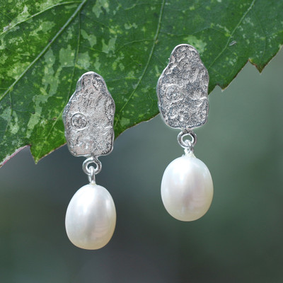 Cultured pearl and cubic zirconia dangle earrings, 'Sweet Glow' - Textured Cultured Pearl Silver Earrings with Cubic Zirconia