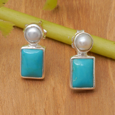 Reconstituted turquoise and cultured pearl button earrings, 'Sky Marvel' - Reconstituted Turquoise Cultured Pearl and Silver Earrings