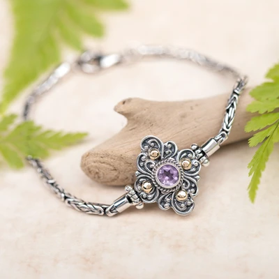 Gold-accented amethyst pendant bracelet, 'Flowering Splendor' - Floral Silver Amethyst Pendant Bracelet with Golden Accents