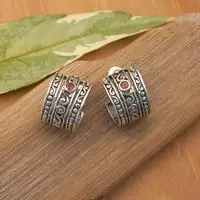 Gold-accented garnet half-hoop earrings, 'Balinese Splendor' - Gold-Accented Silver Garnet Half-Hoop Earrings from Bali