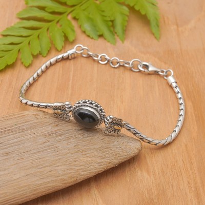 Gold-accented onyx pendant bracelet, 'Garden at Night' - Butterfly Onyx Silver Pendant Bracelet with Golden Details