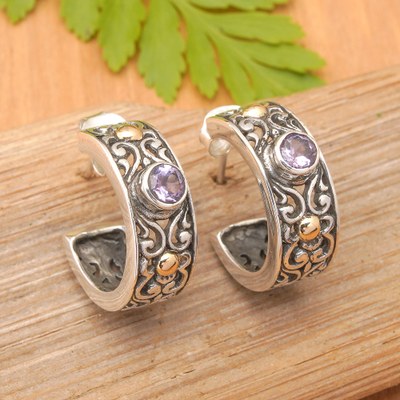 Gold-accented amethyst half-hoop earrings, 'Swirling Purple' - 18k Gold-Accented Silver Amethyst Half-Hoop Earrings