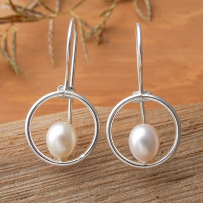 Cultured pearl drop earrings, 'Classic Luminosity' - Silver Drop Earrings with Cultured Pearl-Adorned Circles