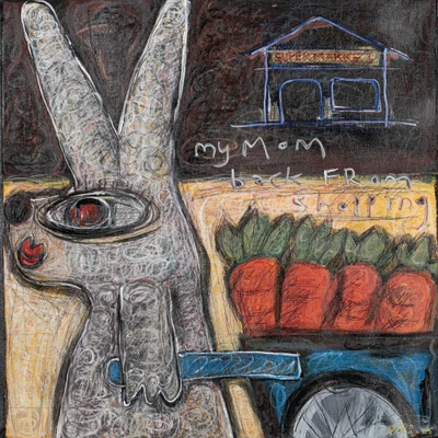 'My Mom Back from Shopping' - Acrylic Ink Pencil Painting of Female Bunny with Carrot Cart