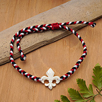Cotton braided pendant bracelet, 'Lotus of Nobles' - Artisan-Made Lotus-Inspired Black and Red Braided Bracelet