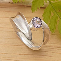 Amethyst single stone ring, 'Sagacious Waves' - Avant-Garde Sterling Silver and Amethyst Single Stone Ring