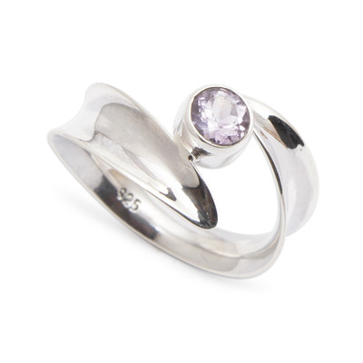 Amethyst single stone ring, 'Sagacious Waves' - Avant-Garde Sterling Silver and Amethyst Single Stone Ring