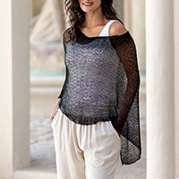 Knit poncho, 'Shadows of Mystery' - Modern Coal Black Acrylic Blend Knit Poncho Made in Bali