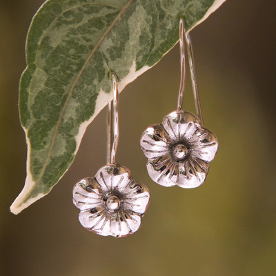 Sterling silver drop earrings, 'Little Hibiscus' - Polished Floral Sterling Silver Drop Earrings from Bali