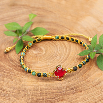Gold-accented reconstituted turquoise and recycled glass macrame pendant bracelet, 'Flower of Chic' - Floral Reconstituted Turquoise Recycled Glass Bracelet