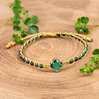 Gold-accented reconstituted turquoise and recycled glass macrame pendant bracelet, 'Flower of Grace - Reconstituted Turquoise Recycled Glass Pendant Bracelet