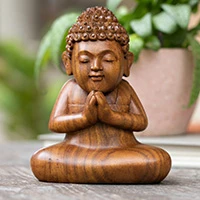 Wood sculpture, 'Buddha Curls' - Artisan-Made Polished Suar Wood Buddha Sculpture from Bali