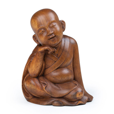 Wood sculpture, 'Smiling Sage' - Polished Hand-Carved Suar Wood Buddha Sculpture from Bali