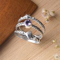 Amethyst and sterling silver solitaire and band rings, 'Underneath the Sea' (set of 3) - Amethyst Solitaire Ring and Silver Band Rings 3 Piece-Set
