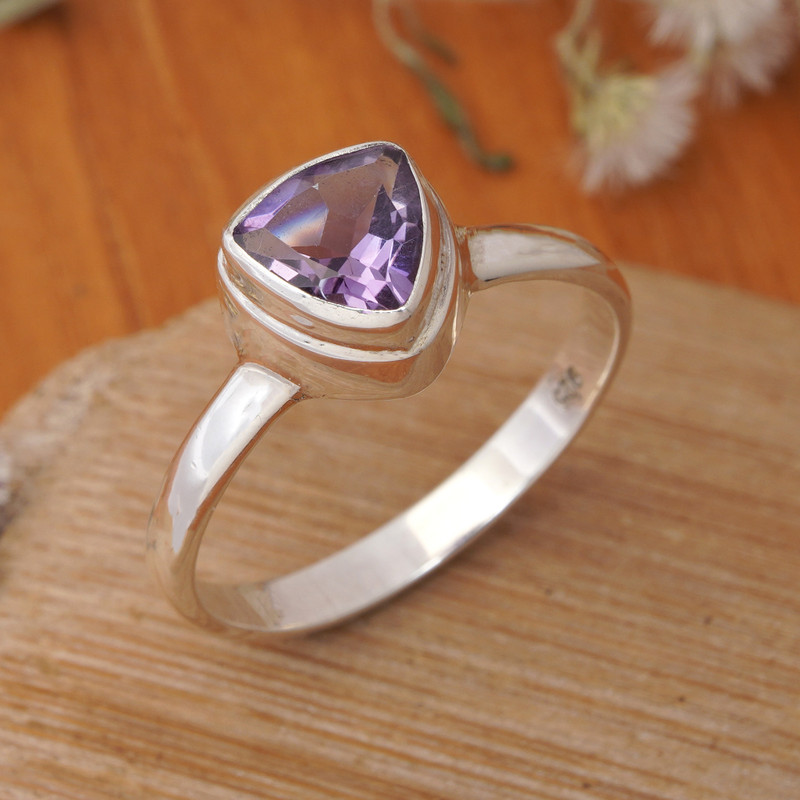 Modern High-Polished Faceted Amethyst Single Stone Ring - Minimalist ...
