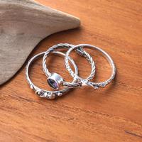 Amethyst and sterling silver single stone and band rings, 'Under the Sea' (set of 3) - Set of 3 Amethyst and Silver Single Stone and Band Rings