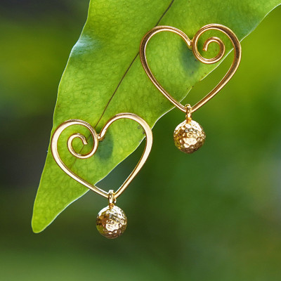Gold-plated dangle earrings, 'Romantic Worlds' - Romantic Polished 18k Gold-Plated Heart Dangle Earrings