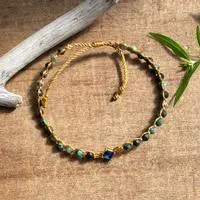 Gold-accented reconstituted turquoise and recycled glass beaded macrame pendant bracelet, 'Be Chic' - Eco-Friendly Reconstituted Turquoise Recycled Glass Bracelet
