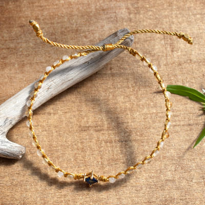 Gold-accented quartz and recycled glass beaded macrame pendant bracelet, 'Be Sweet' - Gold-Accented Quartz Bracelet with Recycled Glass Pendant