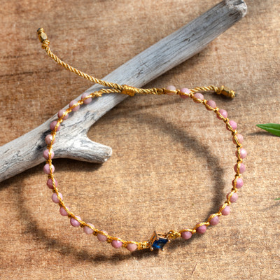 Gold-accented rhodonite and recycled glass beaded macrame pendant bracelet, 'Be Stylish' ' - 18k Gold-Accented Rhodonite Recycled Glass Pendant Bracelet