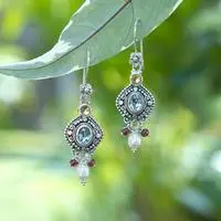 Multi-gemstone dangle earrings, 'Gemstone Glam' - Blue Topaz Cultured Pearl Citrine Garnet and Silver Earrings
