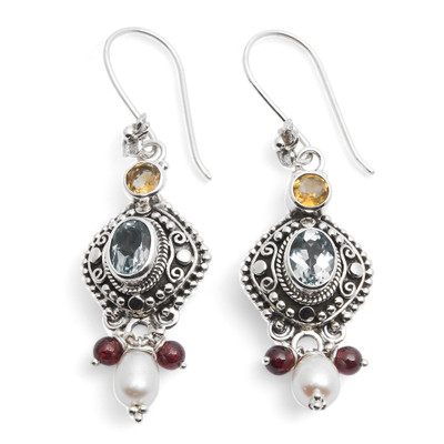 Multi-gemstone dangle earrings, 'Gemstone Glam' - Blue Topaz Cultured Pearl Citrine Garnet and Silver Earrings