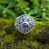 Amethyst cocktail ring, 'Sparkling Square' - Square Textured Silver Cocktail Ring with Amethyst Gemstone