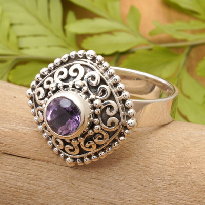 Amethyst cocktail ring, 'Sparkling Square' - Square Textured Silver Cocktail Ring with Amethyst Gemstone