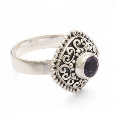 Amethyst cocktail ring, 'Sparkling Square' - Square Textured Silver Cocktail Ring with Amethyst Gemstone